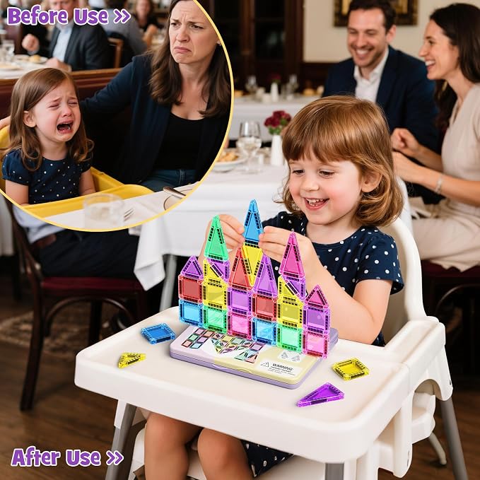42PCS Magnetic Tiles Travel Storage Mini STEM Blocks Iron Box 3-8 | Portable Montessori educational magnetic building tiles for airplane, car rides & on-the-go creative play, durable and fun