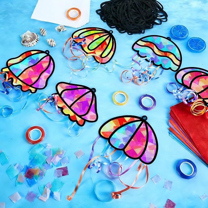 Qyeahkj 36 Set Jellyfish Suncatchers Craft for DIY Ocean Window Tissue Paper Craft Kit Under the Sea Stained Glass Window Ornaments Decoration for Home Art Project Summer Jellyfish Party Favor Gift