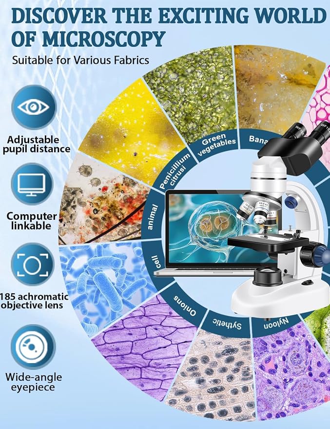 Microscope for Adults WF10x and WF25x Eyepiece | Woehrsh Microscopes 40X-2000X Magnification USB Camera, Microscope for Adults Suitable for Laboratory School