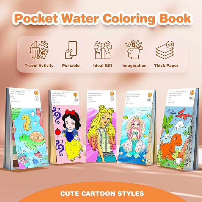 ZHOC Paint with Water Coloring Books for Kids, Pocket Mess Free Watercolor Painting Sets for Kids Ages 3 4 5 6 7 8+, Water Color Paint Set Arts and Crafts Gift for Boys Girls, Princess and Oceans