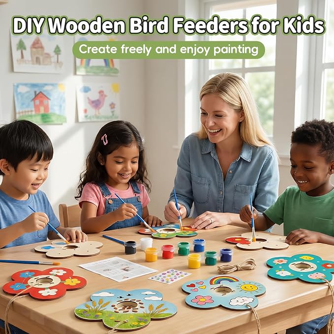 12 Pack Bird Feeder Kit for Kids, DIY Wooden Craft Set | Paints, stickers and instructions included. A creative nature activity for kids, classrooms, parties and outdoor learning.