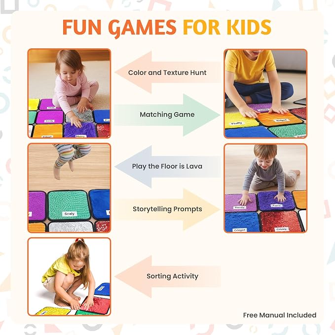 KIGLY® Labeled Sensory Mats for Kids - 9 Pack | Sensory Toys for Classroom with Activity Guide & Canvas Bag - 9x9 inches | Colorful Textured Mats for Autistic Children & Toddlers Learning