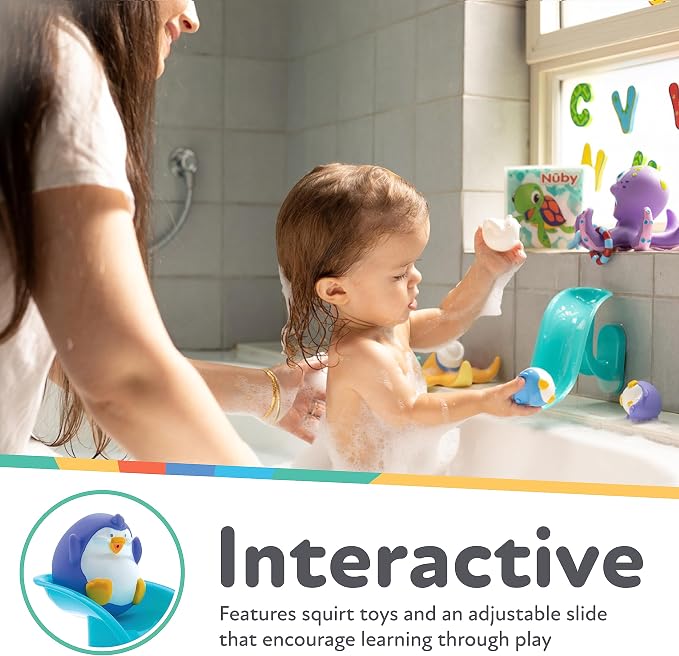 Nuby Penguin Slide Bath Toy Play Set with 4 Bath Squirters - Baby Bath Toys for Boys and Girls 12+ Months - Suction Cup Toy Attaches to Shower Wall
