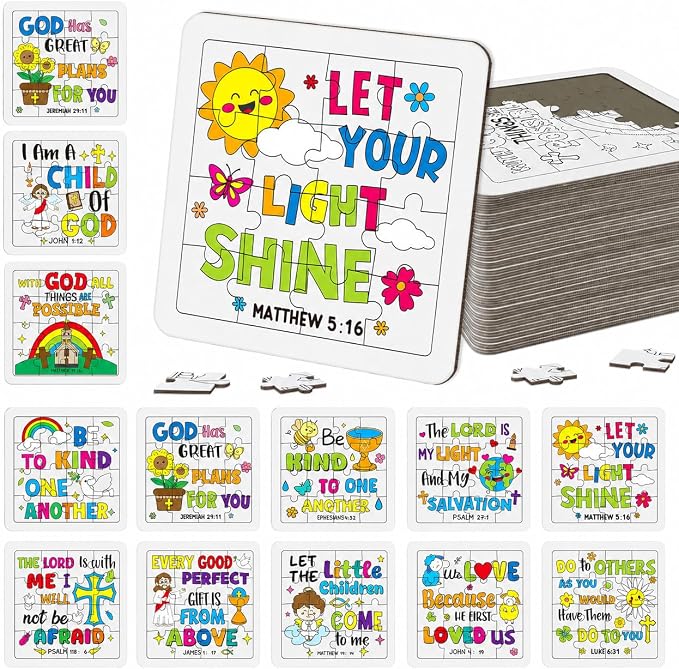 Cinrobiye 24 PCS Bible Coloring Jigsaw Puzzle Craft Kit for Kids, DIY Christian Inspirational Puzzle Set Bulk, Religious Sunday School VBS Church Crafts, Party Favors, Classroom Activities
