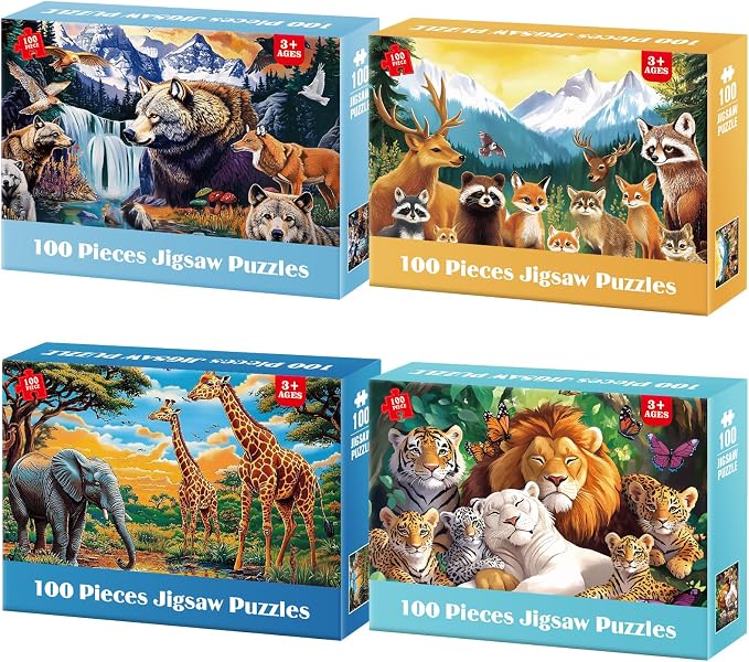 Jeacirio Kids Puzzles Ages 5-8 - Wild Animals Puzzles 100 Piece Jigsaw Puzzles for Kids Ages 4-6 Toddler Puzzle, World of Animals Collection Puzzles Gift Educational Toys for Boys and Girls 4-Pack