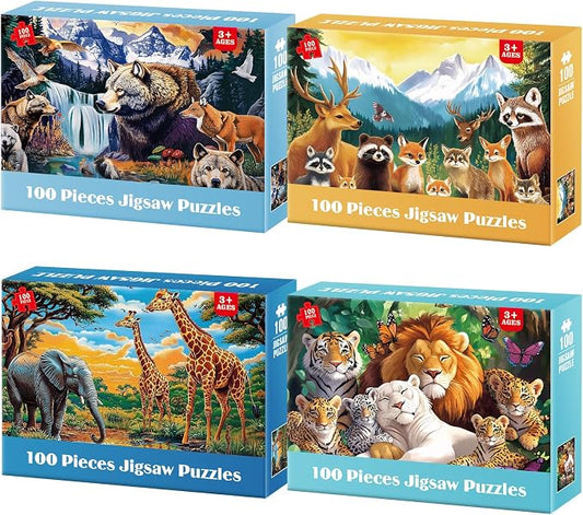 Jeacirio Kids Puzzles Ages 5-8 - Wild Animals Puzzles 100 Piece Jigsaw Puzzles for Kids Ages 4-6 Toddler Puzzle, World of Animals Collection Puzzles Gift Educational Toys for Boys and Girls 4-Pack
