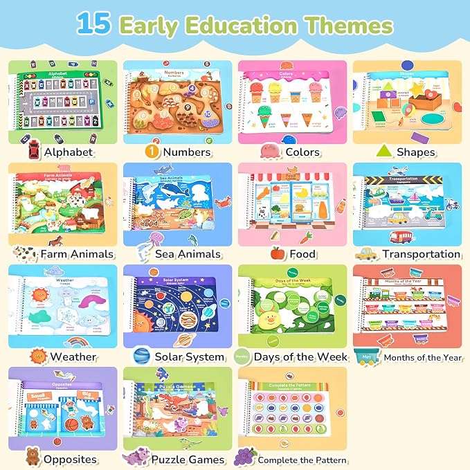 JoyCat Preschool Busy Book for Toddlers Ages 3-5, English and Spanish | 15 reusable themes with letters, numbers, colors and matching as autism learning material for home, class or travel