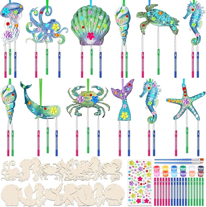 JellyArch 30 Pack Ocean Wind Chime Crafts, Sea Animals Beach DIY Wooden | Perfect for Kids Party Activities, Includes Sea Creature Designs with Shells Whale Turtle, Summer Home Decor