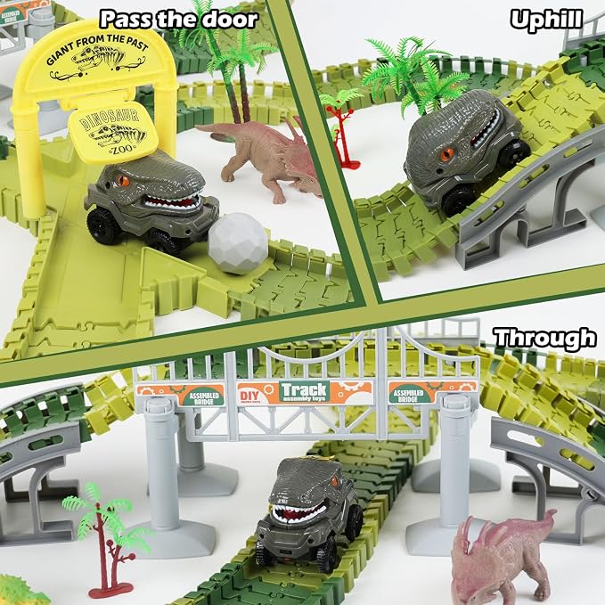 Dinosaur Race Car Track Toys for Kids, Birthday Gifts for 3 4 5 6 7 Year Old Boys Girls, 255+ PCS Dinosaur World Adventure Building Playset with Flexible Track, DIY A Dinosaur World Road Race