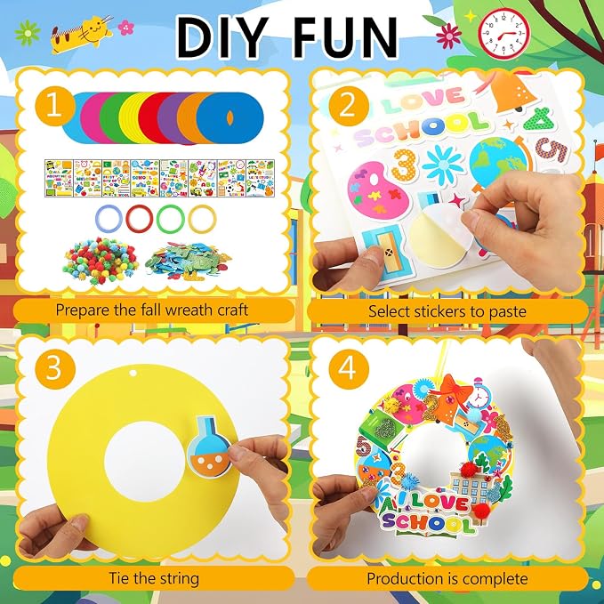 Hollowfly 48 Sets Back to School Craft Kits DIY Wreath for First Day | 8 Wreath Designs, Lightweight Foam Ornaments, Make Your Own School Craft, First Day Activities Back to School Party Favors