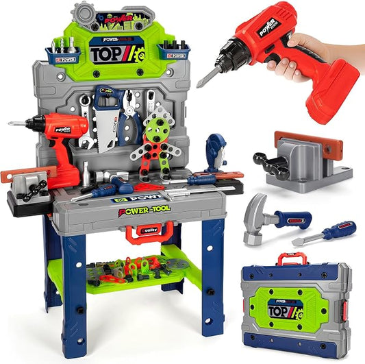 Kids Tool Bench Set with Electric Drill and Realistic Tools, Construction Workbench Playset Toy for Toddler 3-5, Easy Set up, Kids Boy Toys, Birthday Gifts for Boys Age 3 4 5 Year Old