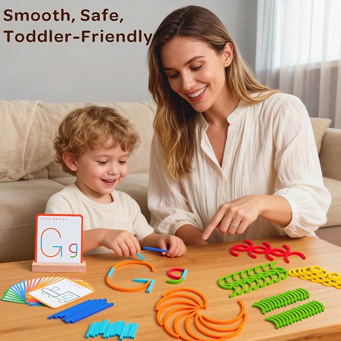 Montessori Smart Sticks and Rings Set with Challenge Cards, 120PCS Creative STEM Kit with Wooden Pattern Blocks for Kids, Preschool Learning Activities and Classroom Use