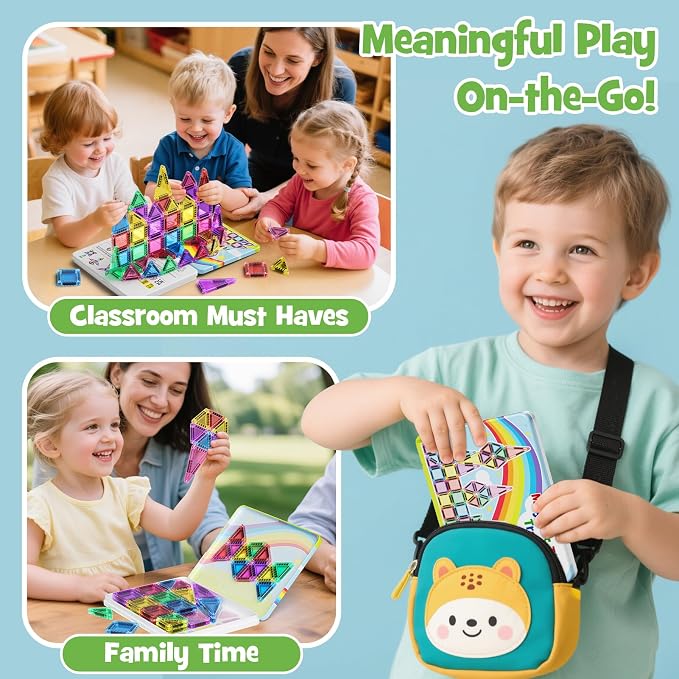 Magnetic Tiles Travel Set Toddlers: 42PCS Mini Building Blocks for Planes | Iron Case Flips to Play Base, 1:1 STEM Visual Guide Teaches Cleanup, Candy Colors Quiet Car Ride Activities for Kids Ages 3-5