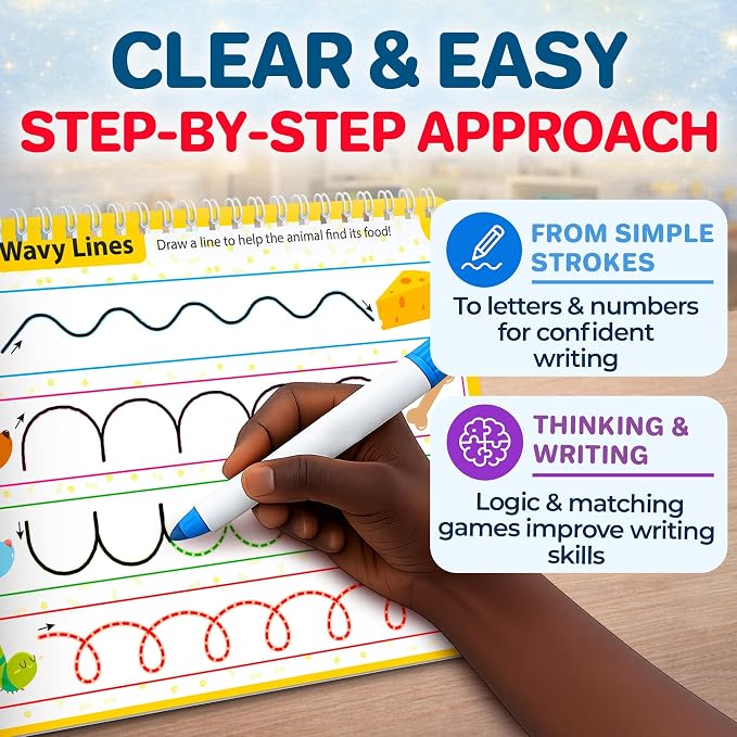 Tracing Books for Kids Ages 3-5 - Reusable Dry Erase Kids Activity Books | Writing Practice Workbook with Markers for Quiet Time Travel and Learning