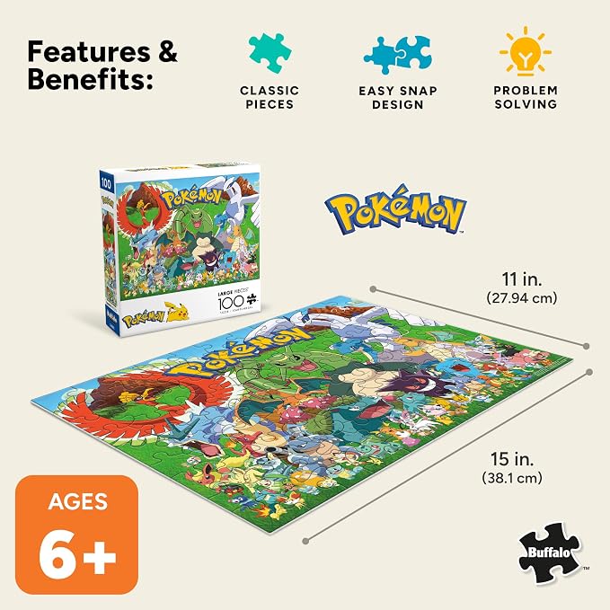 Buffalo Games - Pokémon Fan Favorites - 100 Piece Puzzle for Kids Ages 6-8 | Official Pokemon Licensed, Recycled Board, Finished Size 15 in x 11 in15 in x 11 in, Includes Poster, Giftable