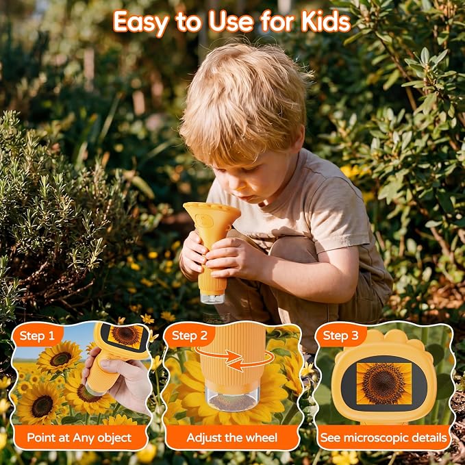 SEEKID Digital Microscope for Kids 200-1000X, Science Kit Gift(Yellow) | Handheld STEM Toy with 2" IPS Screen, 4K Camera Video Record for Girls Boys Child Birthday Gifts
