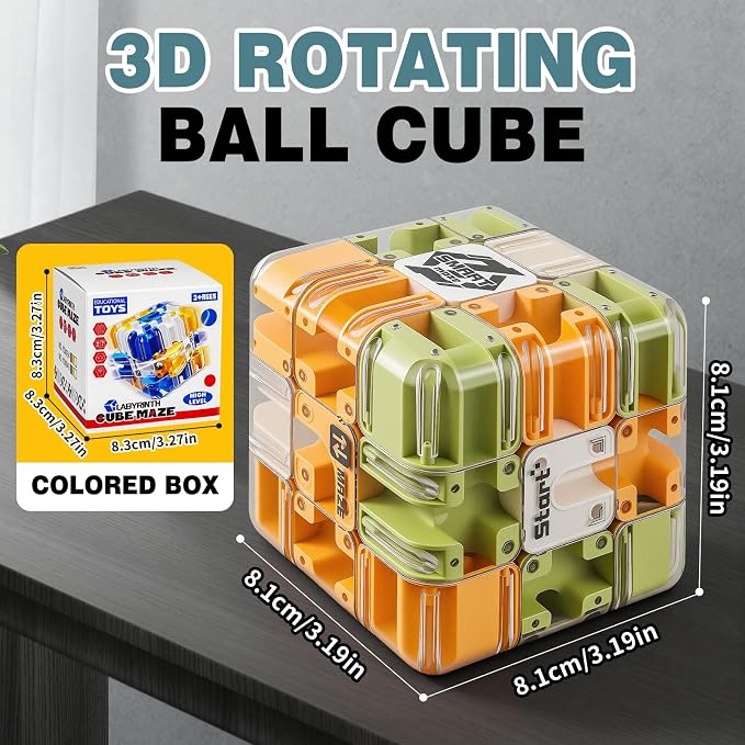 3D Maze Cube Ball Puzzle Brain Teaser for Adults & Kids, Educational Learning Toys Logical Thinking, Family Board Games Tabletop, Durable Puzzle Cube (Green&Brown&White-B, 3.3x3.3x3.3)