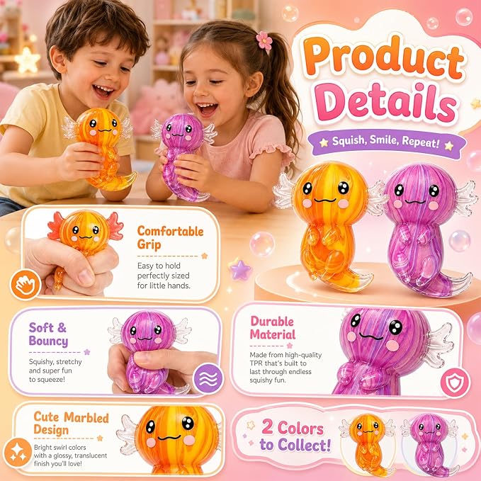 2 Pcs Axolotl Squishy Stress Relief Toy, Stretchy Axolotls Stress Soft Squeeze Sensory Fidget Toys for Kids Adults, Cute Axolotls Squishies Party Favors Classroom (YellowPink)