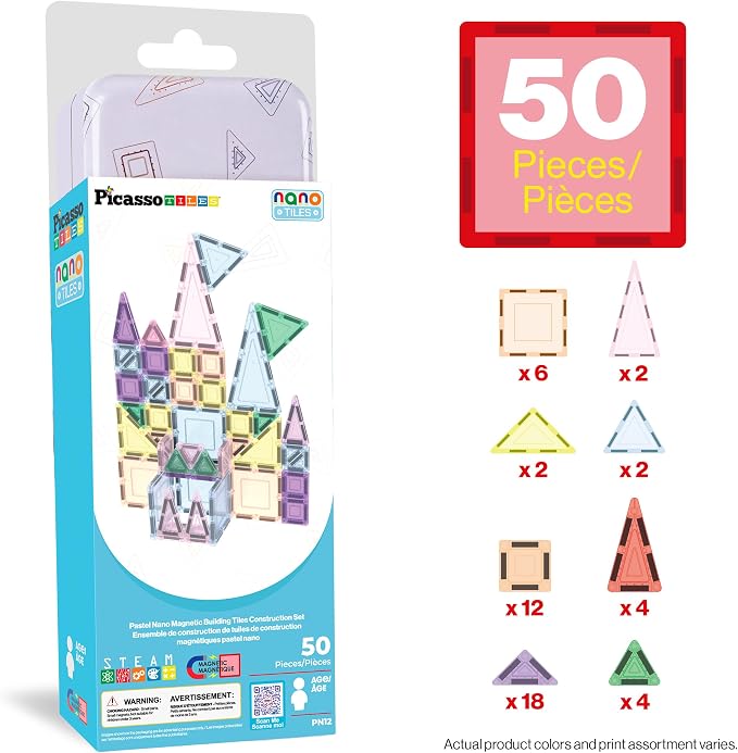 PicassoTiles 50PC Magnetic Tiles Travel Set Nano + Original Size Construction Building Block 2-in-1 Tile Collection with Tin Box Storage Case Montessori STEM Activity Learning Kit Kids Ages 3+ PN12