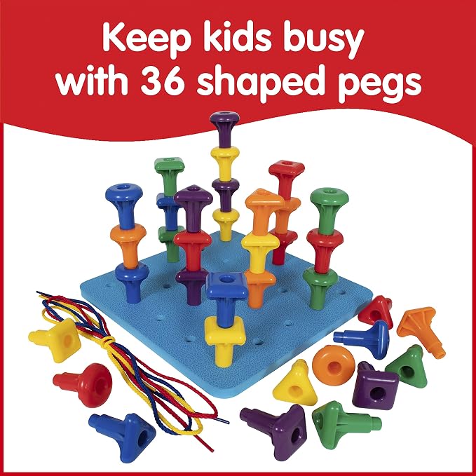 edxeducation Geo Pegs and Peg Board Set, 36 Pegs, 3 Shapes & 3 Laces | 6 Colors, Ages 18m+, Homeschool Supplies for Preschool Activities