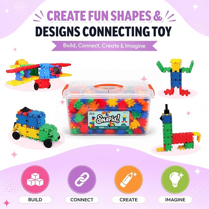 Snapid Building Bricks 1000 Pcs Connecting Toy - Strong Durable Colorful Block Set w Storage, Interlinking Construction Blocks for Kids - STEM Development, Creativity and Educational Children Toys, 4+