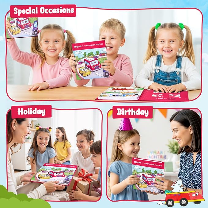 JoyCat Paint with Water Coloring Books for Toddlers (Transportation) | Watercolor Painting Set for Kids Ages 3-5 & 4-8, Arts & Crafts Drawing Activity Travel Toy, Birthday Gifts for Boys & Girls