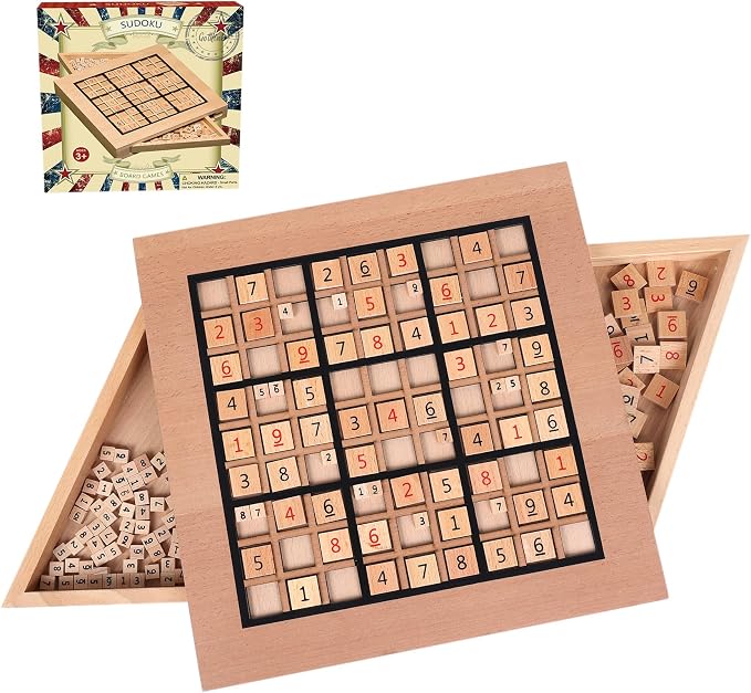 GOTHINK Wooden Sudoku Puzzle Set, Challenge Your Mind with 11.6 Inch Sudoku Board Game, Includes 90 Large Number & Thinking Tiles, 2 Drawers for Storage, for All Ages