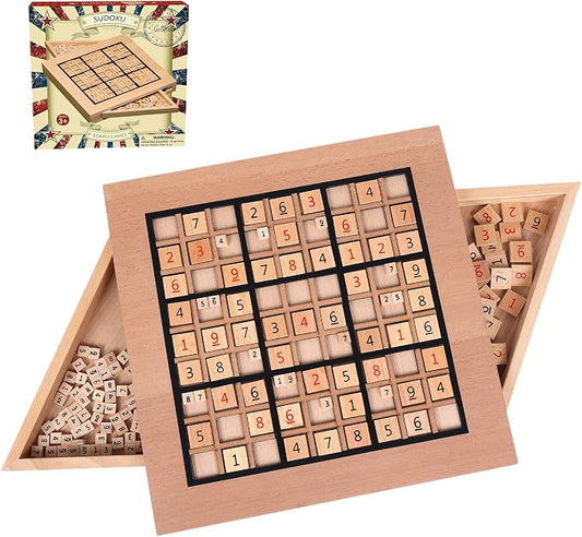 GOTHINK Wooden Sudoku Puzzle Set, Challenge Your Mind with 11.6 Inch Sudoku Board Game, Includes 90 Large Number & Thinking Tiles, 2 Drawers for Storage, for All Ages