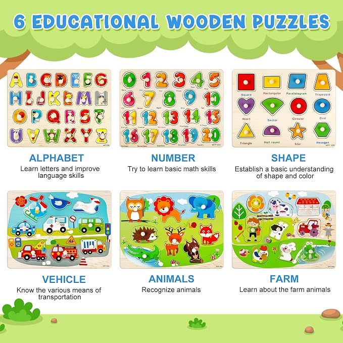 Attmu Alphabet Wooden Puzzles for Toddlers 6 Pcs ABC Shape Number Puzzle | Learning Toys for Kids Animal Farm Puzzle Preschool Educational Activities Toddler Gift Toys for Girls Boys Christmas Easter