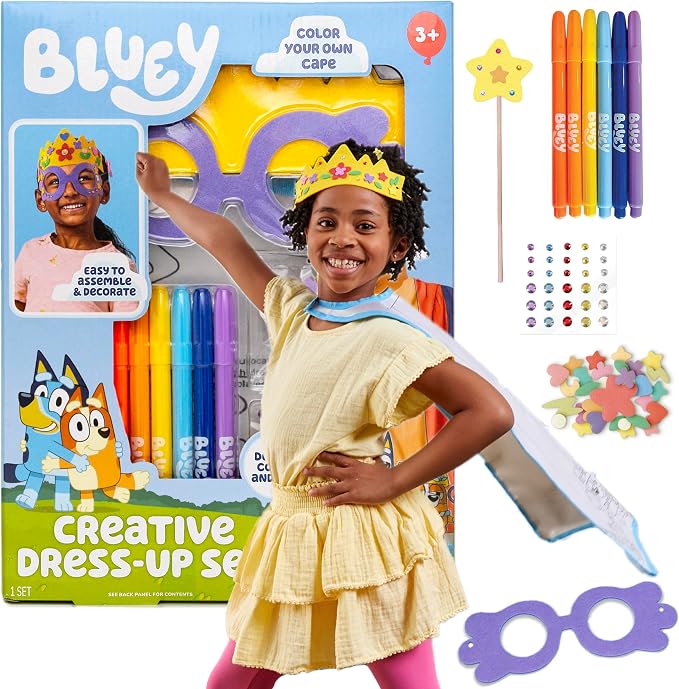 Bluey Creative Dress-Up Set, Includes Colorable Cape, Felt Crown, & Play Mask, Foam Stickers, Coloring Markers, and Gems, Bluey Toys, Toddler Activities, Dress Up Costumes for Kids, Fun Family Toy
