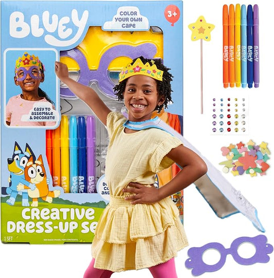 Bluey Creative Dress-Up Set, Includes Colorable Cape, Felt Crown, & Play Mask, Foam Stickers, Coloring Markers, and Gems, Bluey Toys, Toddler Activities, Dress Up Costumes for Kids, Fun Family Toy