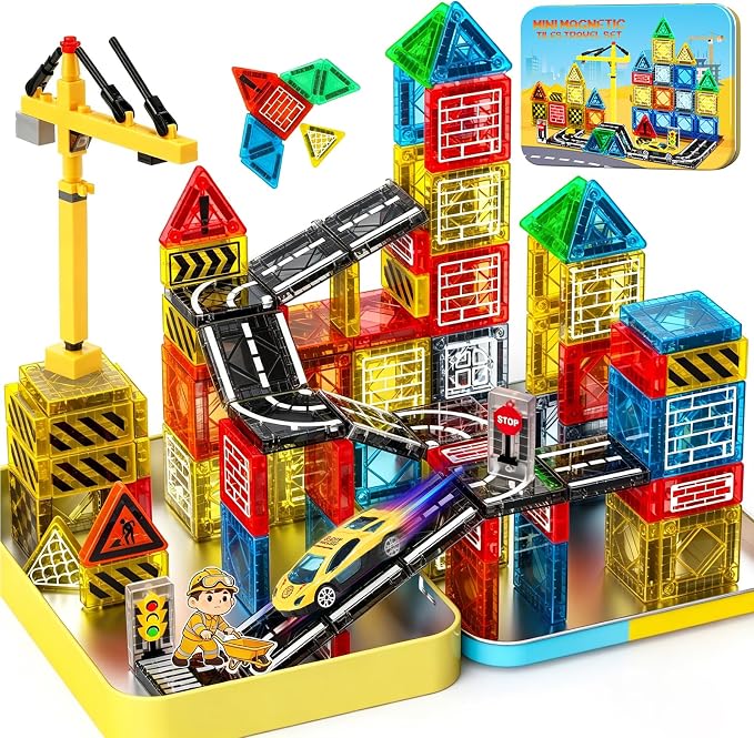 Magnetic Tiles - Construction Toys, Road Set Outdoor Travel Toys with Magnetic Crane & Car for Boys Age 3-5 4-8 8-10, Mini Magnet Building Blocks with Crane, Road, Traffic Lights, STEM Sensory Gifts