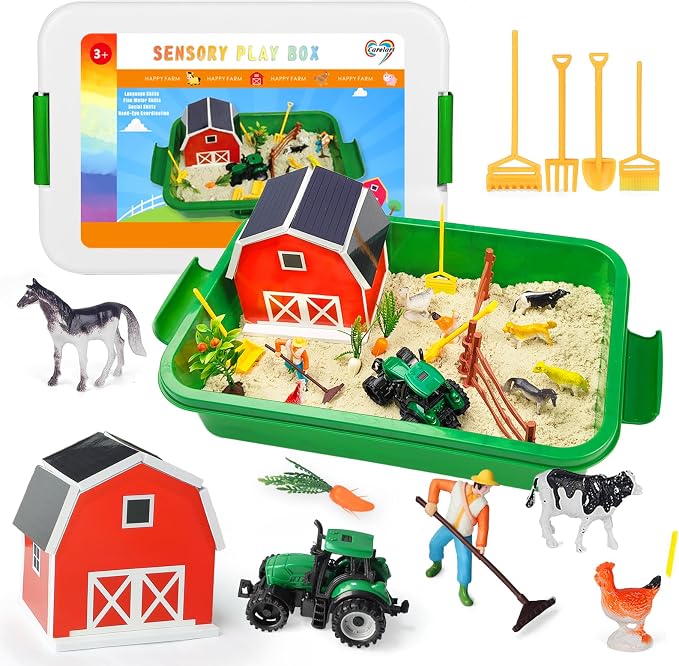 Carolart Farm Sensory Bin with Sensory Sand, Barn Toys & Tractor | Farm toys with farm animals, sensory toys for toddlers, gift for boys and girls ages 3-8