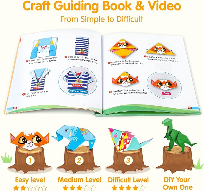 Mocoosy 224 Sheets Origami Paper Kit for Kids Ages 5-8 8-12, Folding Paper Set with Origami Book for Beginners, Art Craft Supplies for Boys Girls 9-12, Travel Game Car Road Trip Activities Toy Gifts