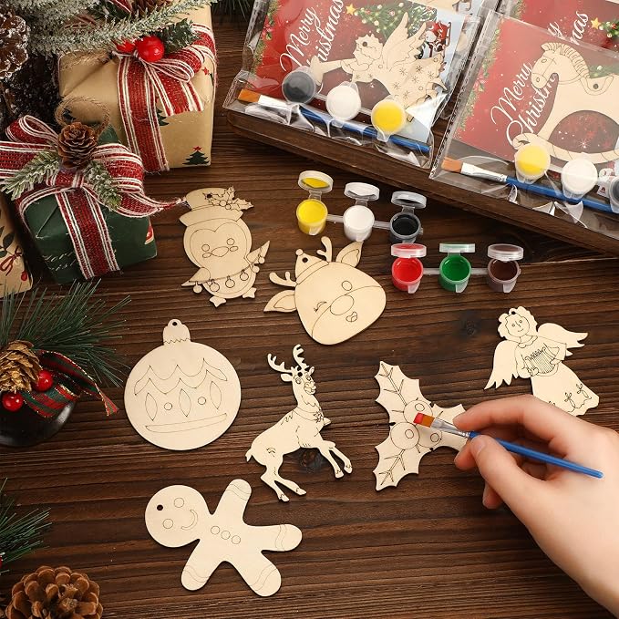 Saypacck 24 Pcs Christmas Party Favors Wooden Paint Craft Kits | DIY Painting Crafts with Brush Organza Bags, Christmas Stocking Stuffer Gifts, Festive Ornament Shapes