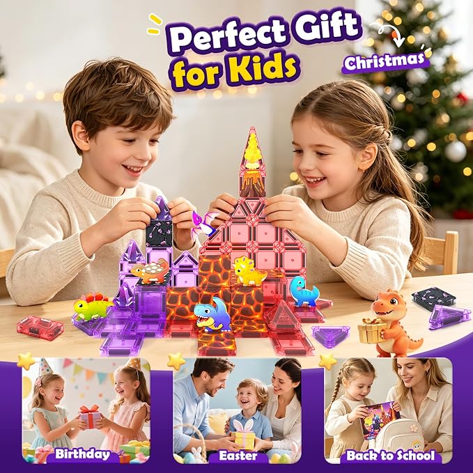 Mini Magnetic Tiles Kids Dinosaur Toys, Magnetic Blocks with 6 Dinosaurs | Road Trip Essentials for Car & Airplane Magnet Tiles STEM Construction Building Toys, Gifts & Toys for Boys Girls Ages 3-12