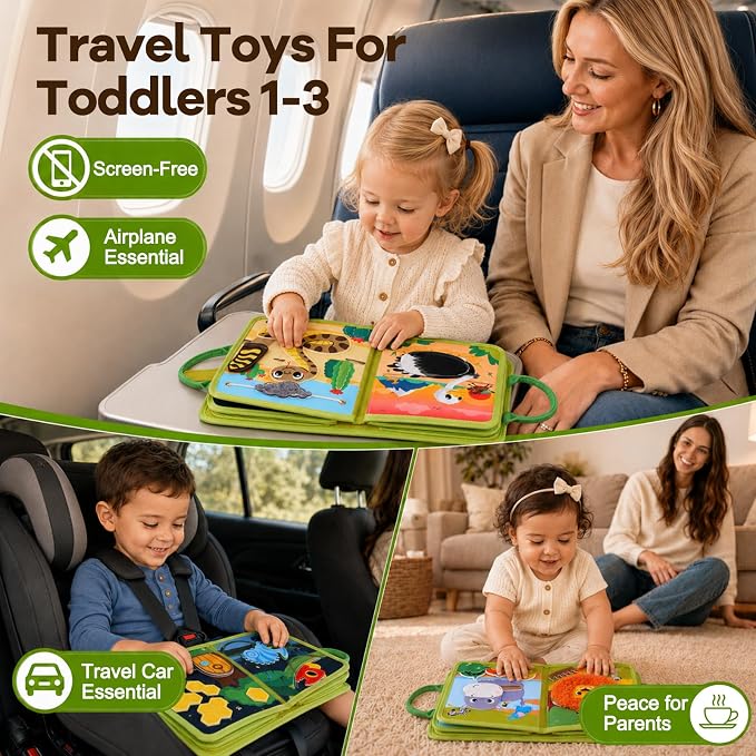 Gigilli Busy Book for Toddlers 1-3, 20 Activities Montessori Toy Busy Board | 6 Finger Puppets, Wild-Animal Educational Learning Quiet Activity, Travel Toys Birthday Gifts for Boys Girls