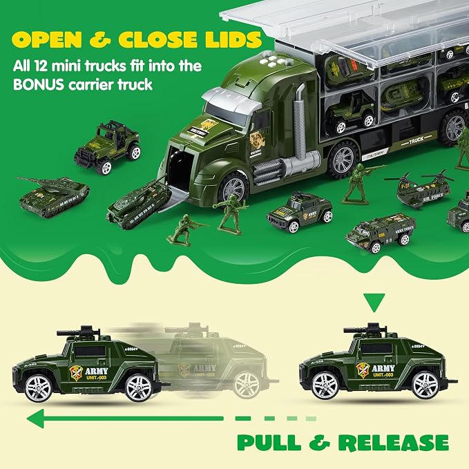 JOYIN 25 in 1 Military Kids Truck Toys for Age 3+, Kids Boy Toys, Army Men Tanks Set with Soldier Men, Mini Battle Cars in Carrier Truck with Lights and Sounds, Gifts for Grandkids