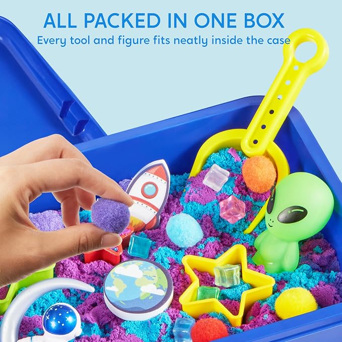 JOVA Klever Kits Outer Space Sensory Bin for Kids with Glow in The Dark Alien and Rocks, Sandbox with Lid Dual-Color Sand, Preschool Learning Activities Gifts for Boys Girls Age 3+