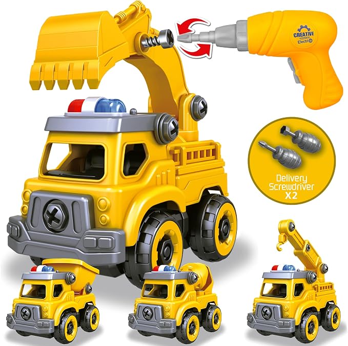 4-in-1 Take Apart Car Toys for Boys, DIY Engineering Construction Trucks | Toy Vehicle - Dump Truck, Cement Mixer, Excavator, Crane, Kids Building Educational Toy Gift for Age 3 4 5 6 7 8 Year Old Boy