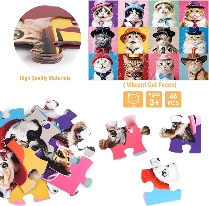 Jumbo Floor Puzzle for Kids,48 Piece Cute Cat Jigsaw Puzzle Ages 3-8 | Pet Cat Puzzle,Extra-thick Cardboard,Preschool Learning Toy,35x24 in Completed,Ages 3-8,Educational Gift for Boys and Girls