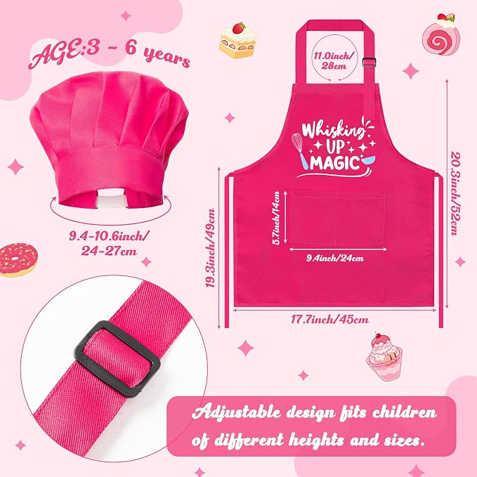 R HORSE Kid Apron and Chef Hat Set 2Pcs Adjustable Rose Pink Children Kitchen Apron, Waterproof Dress up Role Play Chef Toy Funny Cooking Baking Painting and Training Kits for Kids Birthday Party Gift