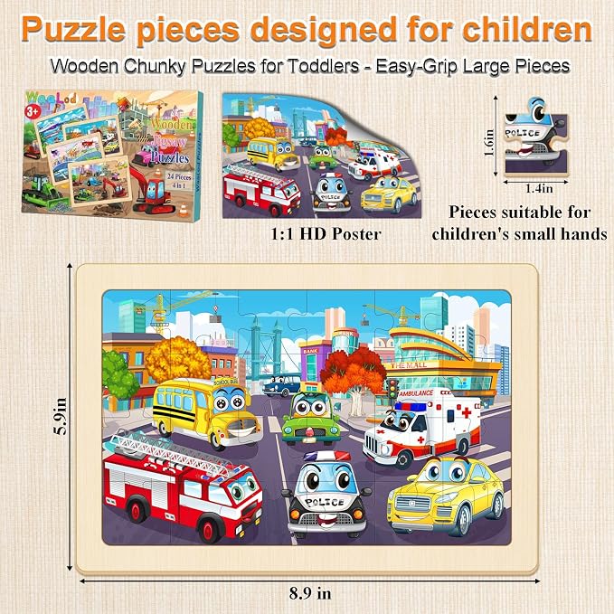 Wooden Puzzles for Kids Ages 4-6, 4 Pack 24 Pcs Toddler Puzzles Set for Ages 3-5, Educational Learning Toys Gift for Boys Girls 3 4 5 6 Year Old, Vehicle Transport Construction Car