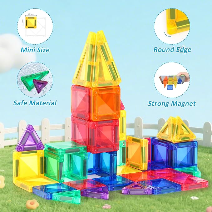 BENOKER Mini Magnetic Tiles Travel STEM Toy with Iron Box for Boys & Girls | Creative magnetic building tiles, open-ended educational STEM toy, great birthday gift for toddler boys and girls