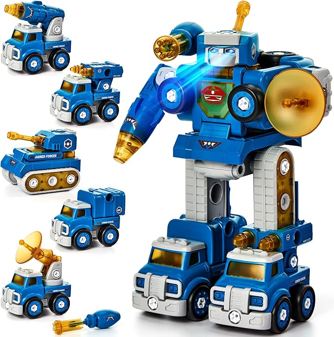 hahaland Toys for 5 Year Old Boy Birthday Gift, Stem Toys 6 Year Old Boys | 5 in 1 Take Apart Trucks Transform to Robot Toy Building Sets for Kids 5-7, Educational Creative Vehicle Drill Screw Playsets