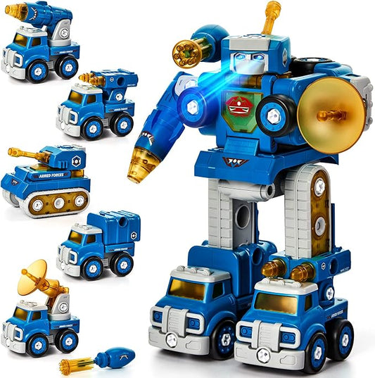 hahaland Toys for 5 Year Old Boy Birthday Gift, Stem Toys 6 Year Old Boys | 5 in 1 Take Apart Trucks Transform to Robot Toy Building Sets for Kids 5-7, Educational Creative Vehicle Drill Screw Playsets