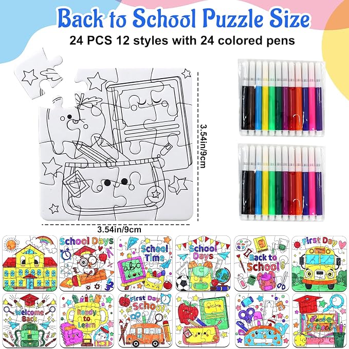 24 Sets Back to School Crafts for Kids Bulk, First Day of School DIY Arts Kits Puzzle Activities Bus Glasses Apple Pencil, Religious Jigsaw for Classroom Gifts, Party Favors, Coloring Games Supplies