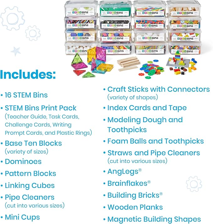 hand2mind STEM Bins Comprehensive Set by Brooke Brown, STEM Bins for Classroom, STEM Manipulatives for Elementary, STEM Activities, Kids Engineering Building Kits, Science Teacher Supplies (Set of 16)
