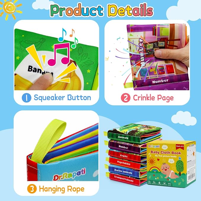 Dr.Rapeti 6 Pack Soft Books, Cloth Book, Bath Book, Baby Book, Crinkle Book | Baby Shower Toy, Washable, Nontoxic, Educational Learning Toy, Sensory Book, Baby Soft Cloth Book, Crinkle Soft Book