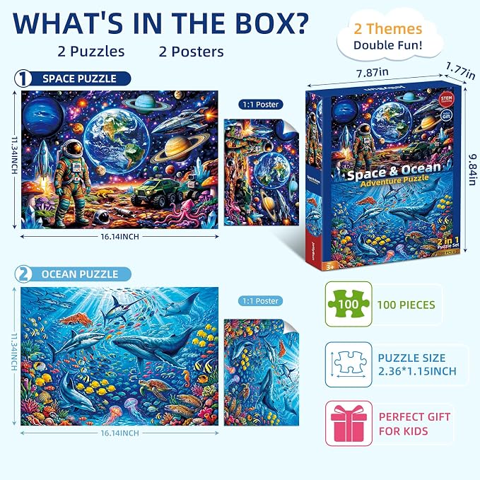 2-Pack Puzzles for Kids Ages 4-6, 100-Piece Puzzles for Kids Ages 6-8 – Space & Ocean, Educational Puzzles for Boys and Girls, Ages 3+(Space & Ocean) | 2-in-1 Space & Ocean Puzzle Set | Educational Puzzles for Ages 6-8, Age-Appropriate Learning Toys, A...
